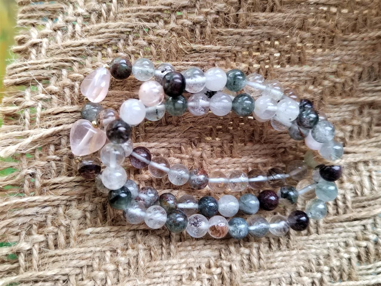 Natural Garden Quartz & Rose Quartz Bracelet Set, Boho Crystal Jewelry
