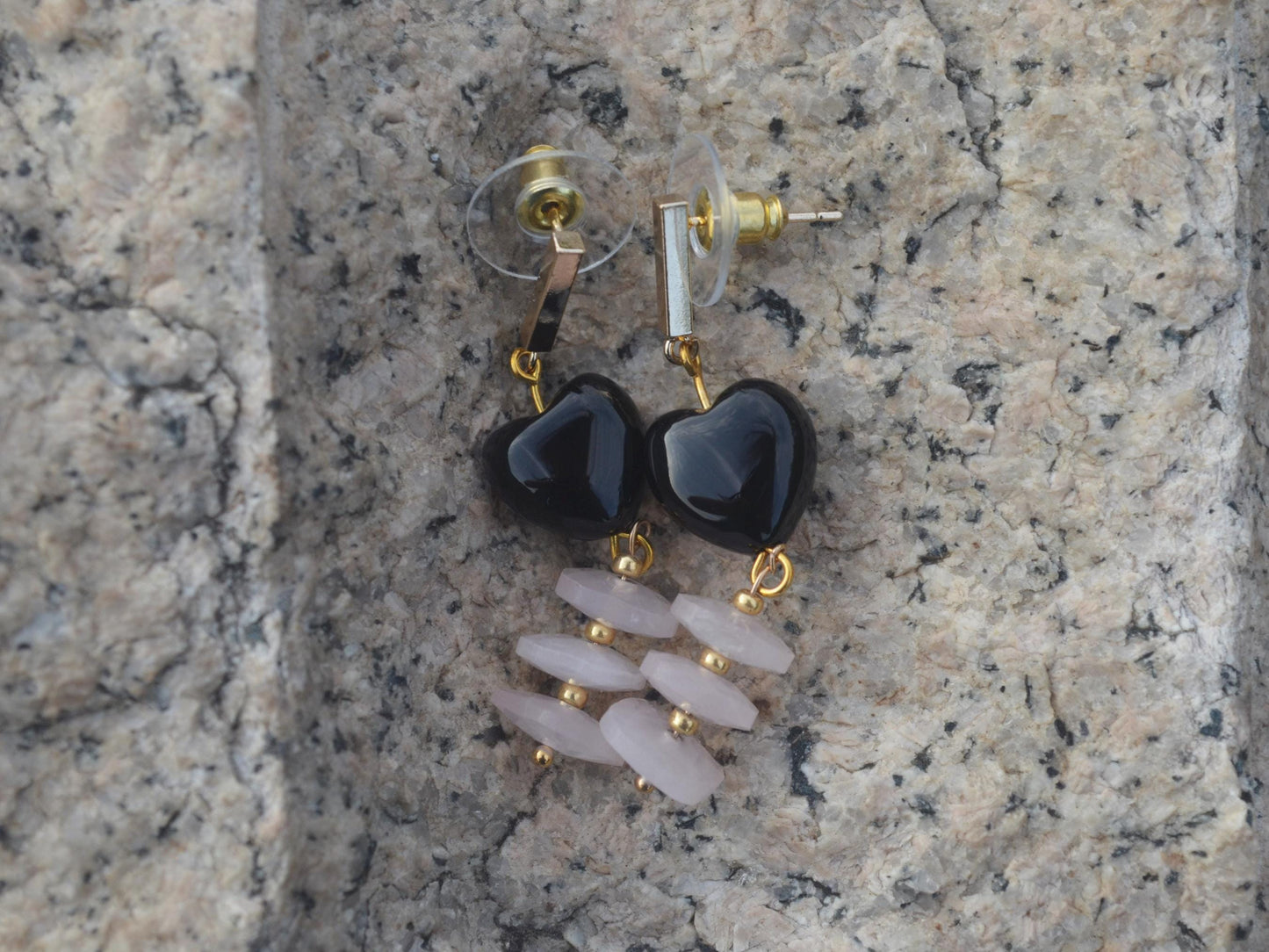 Handmade Black Agate & Rose Quartz Earrings: Gold-Plated, Art Deco Heart Shaped DIY Crystal Jewelry