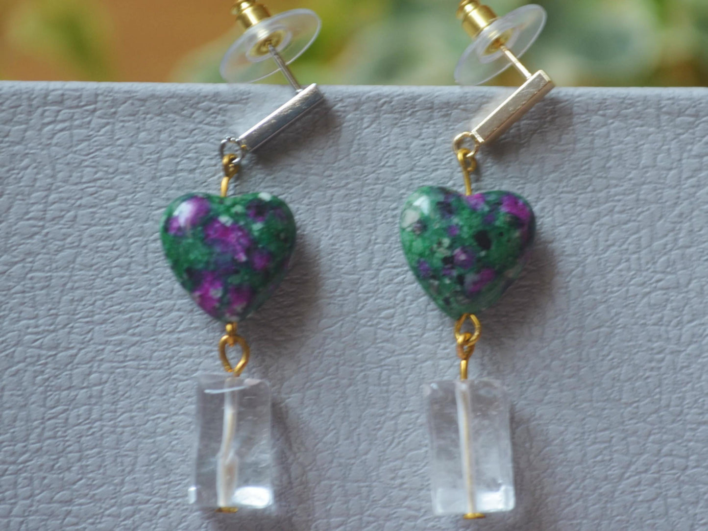 Handmade Ruby Zoisite Heart Earrings: Quartz Drop, Crystal Gemstone Jewelry Boho Earrings