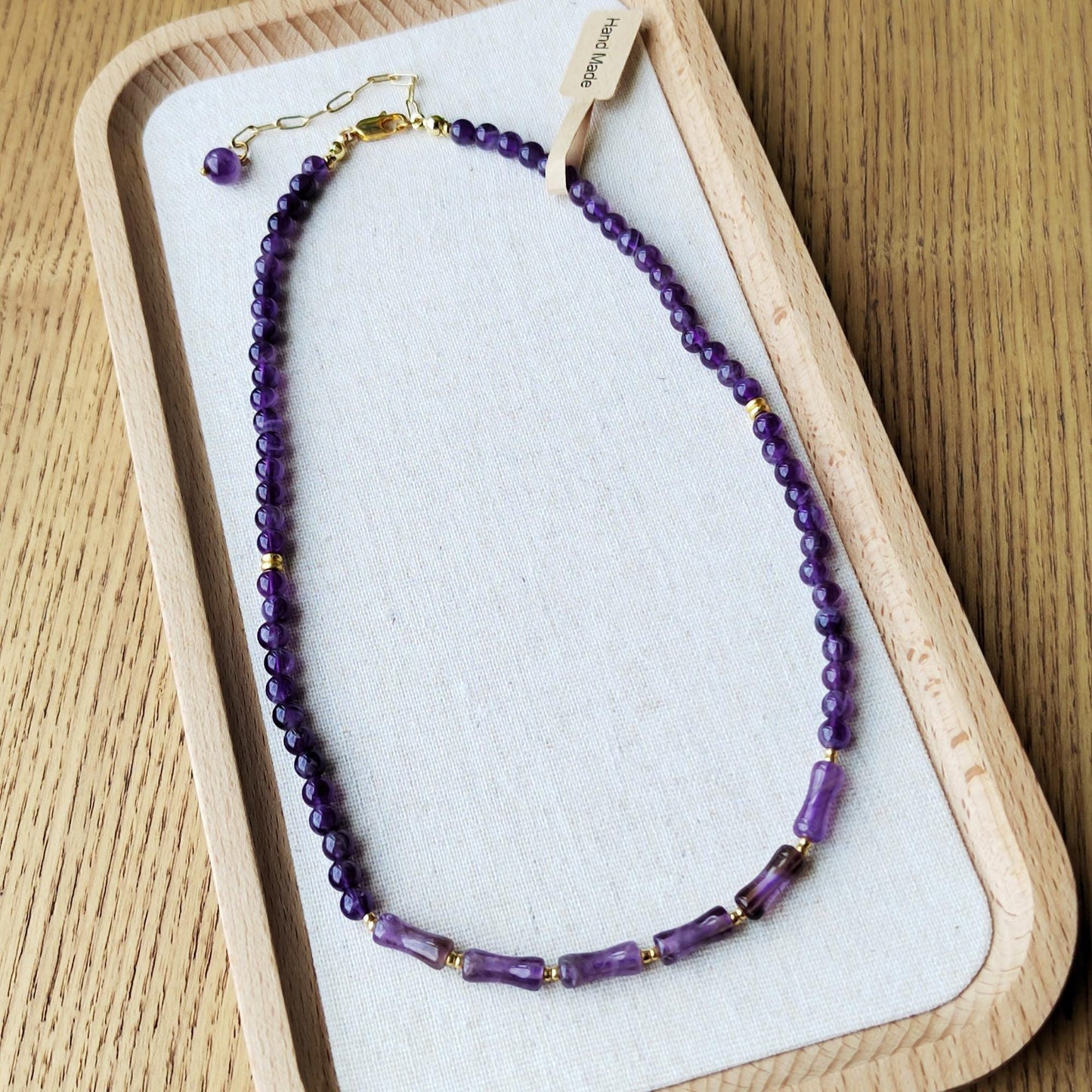 Handmade Amethyst Bead Necklace Sterling Gold Plated Chain Elegant Gemstone Jewelry DIY Craft