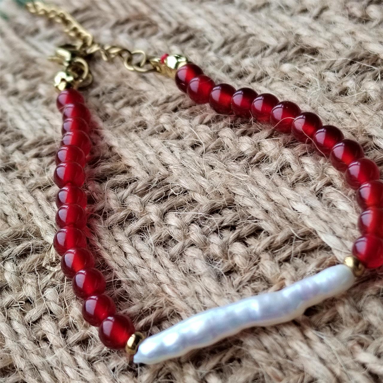 Red Agate & Baroque Pearl Bracelet, Natural Gemstone Handmade Jewelry