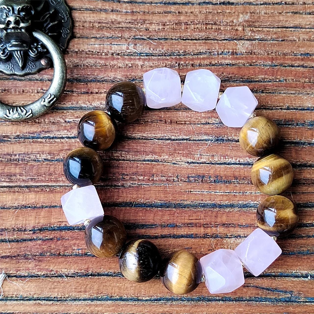 Tiger Eye & Rose Quartz Crystal Bracelet: Handmade Gemstone Jewelry