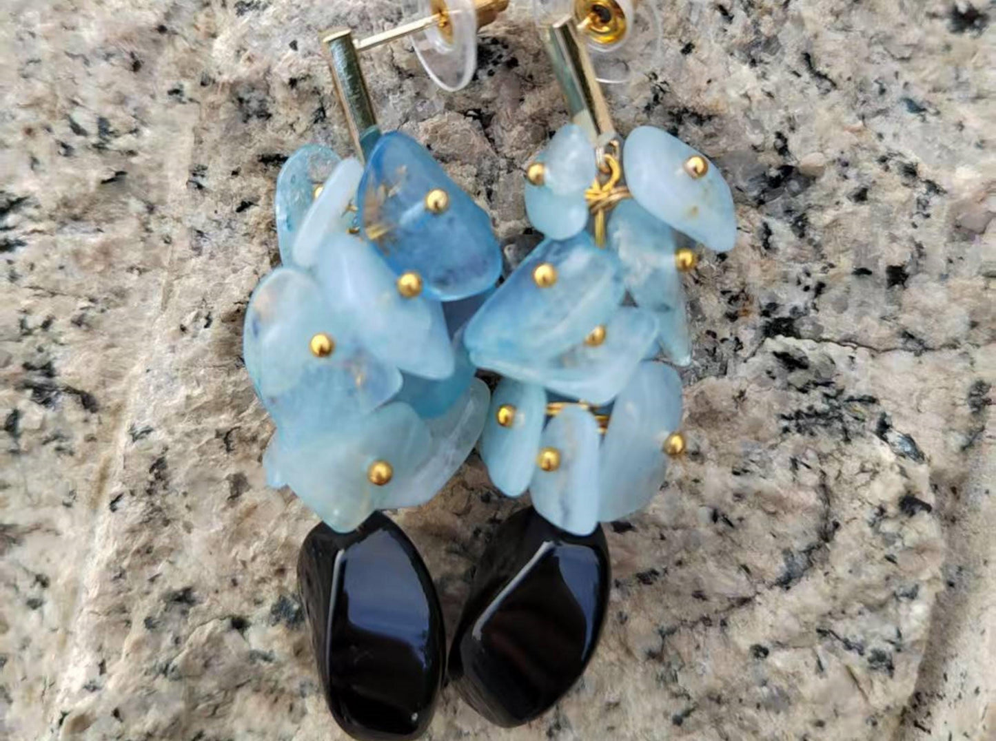 Aquamarine & Black Onyx Dangle Earrings: Gold-Plated Boho Jewelry
