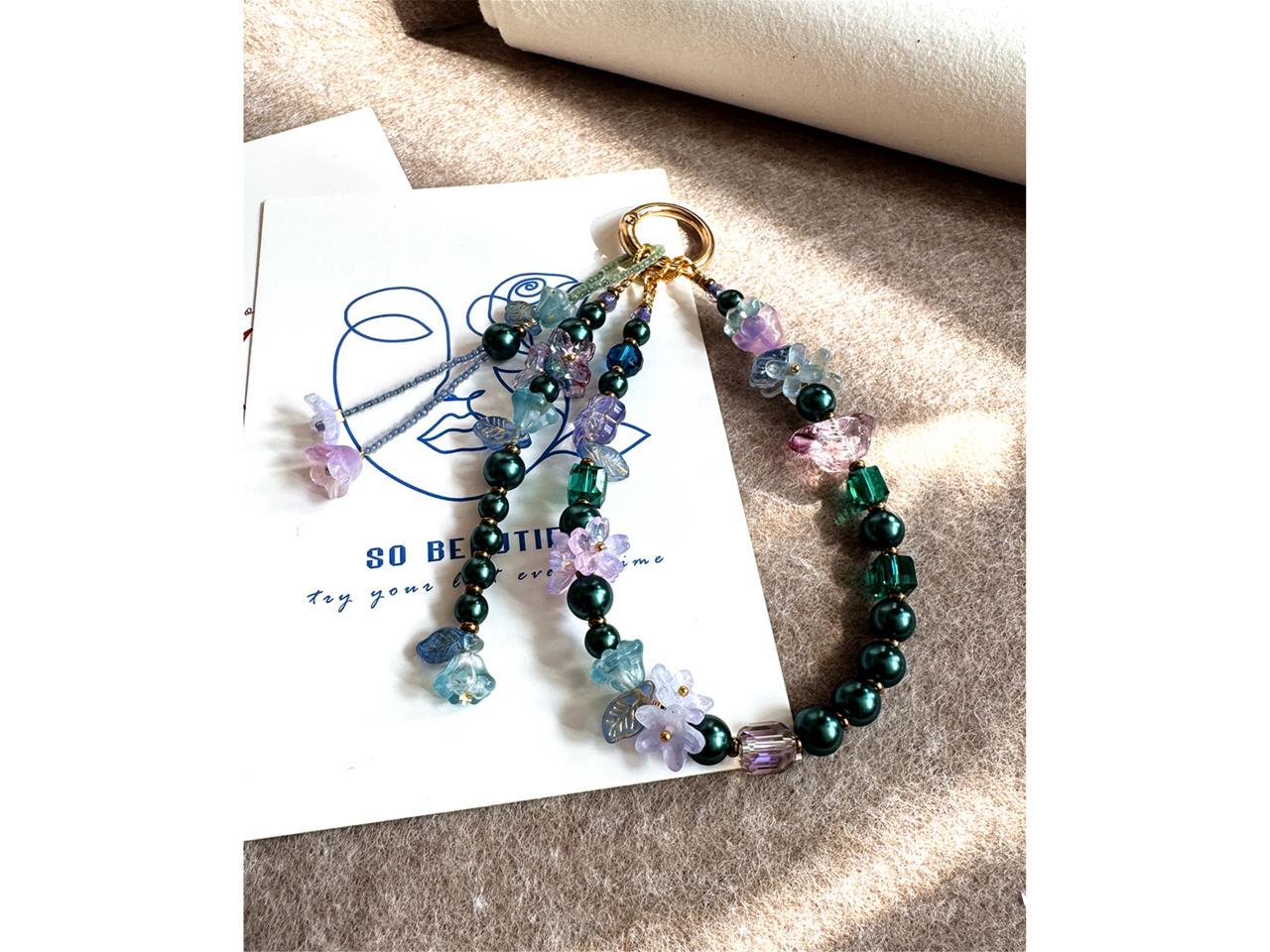 Boho Bead Phone-Chain, Camellia Flower Phone Strap, Handmade Glass Beaded Phone Charm for Women
