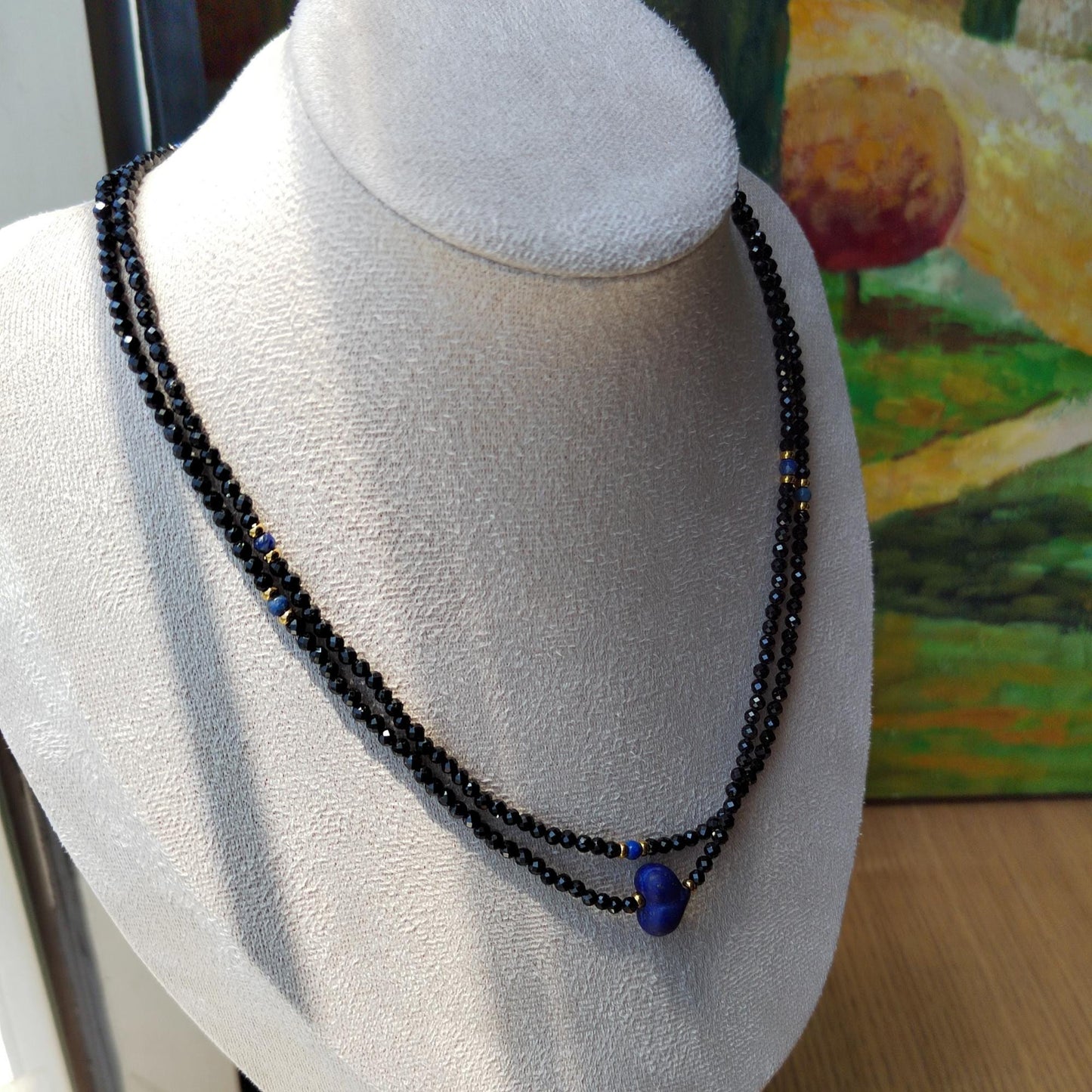 Black Spinel & Lapis Lazuli Heart Necklace: Handmade Boho Gemstone Jewelry