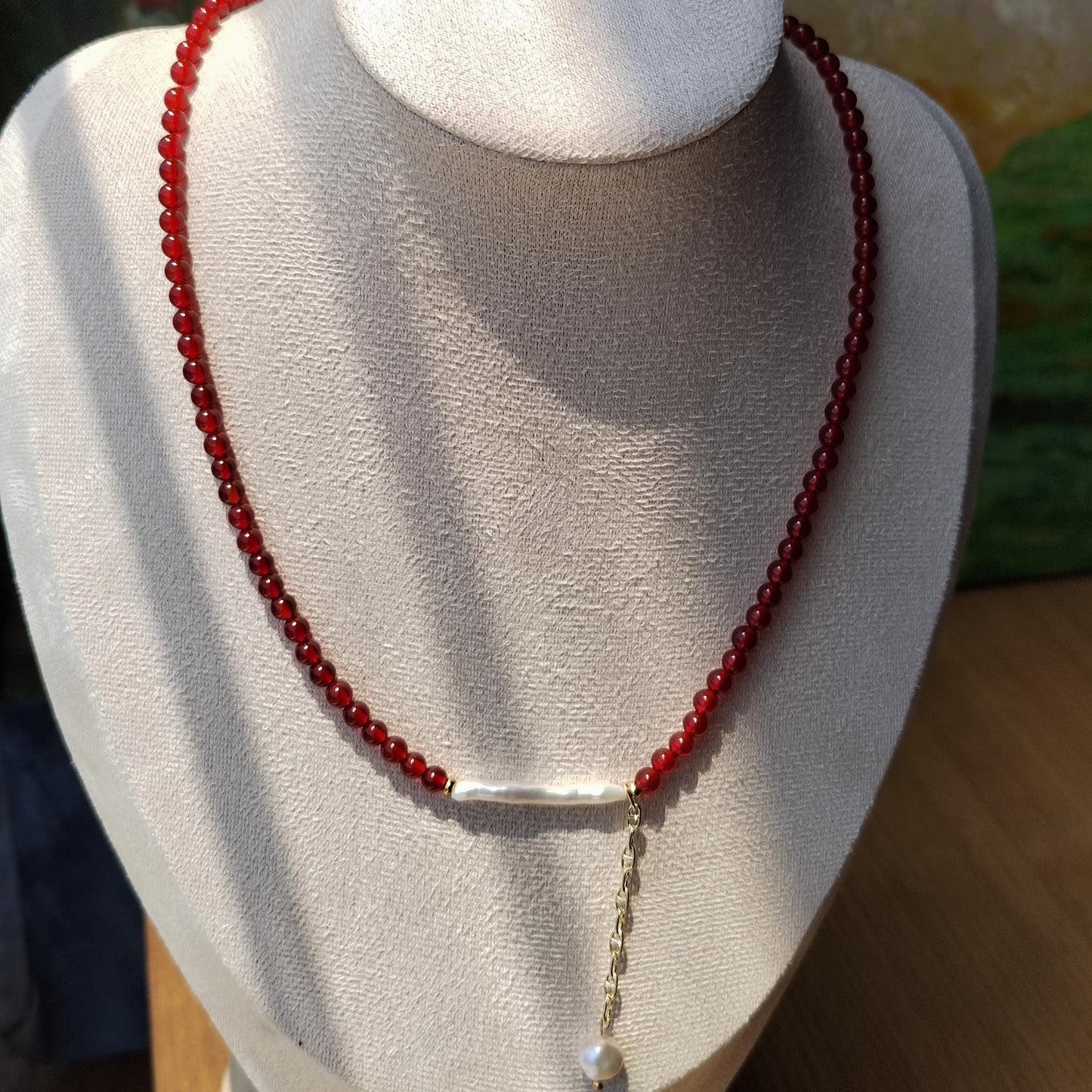 Red Agate & Baroque Pearl Necklace: Boho Gemstone Jewelry