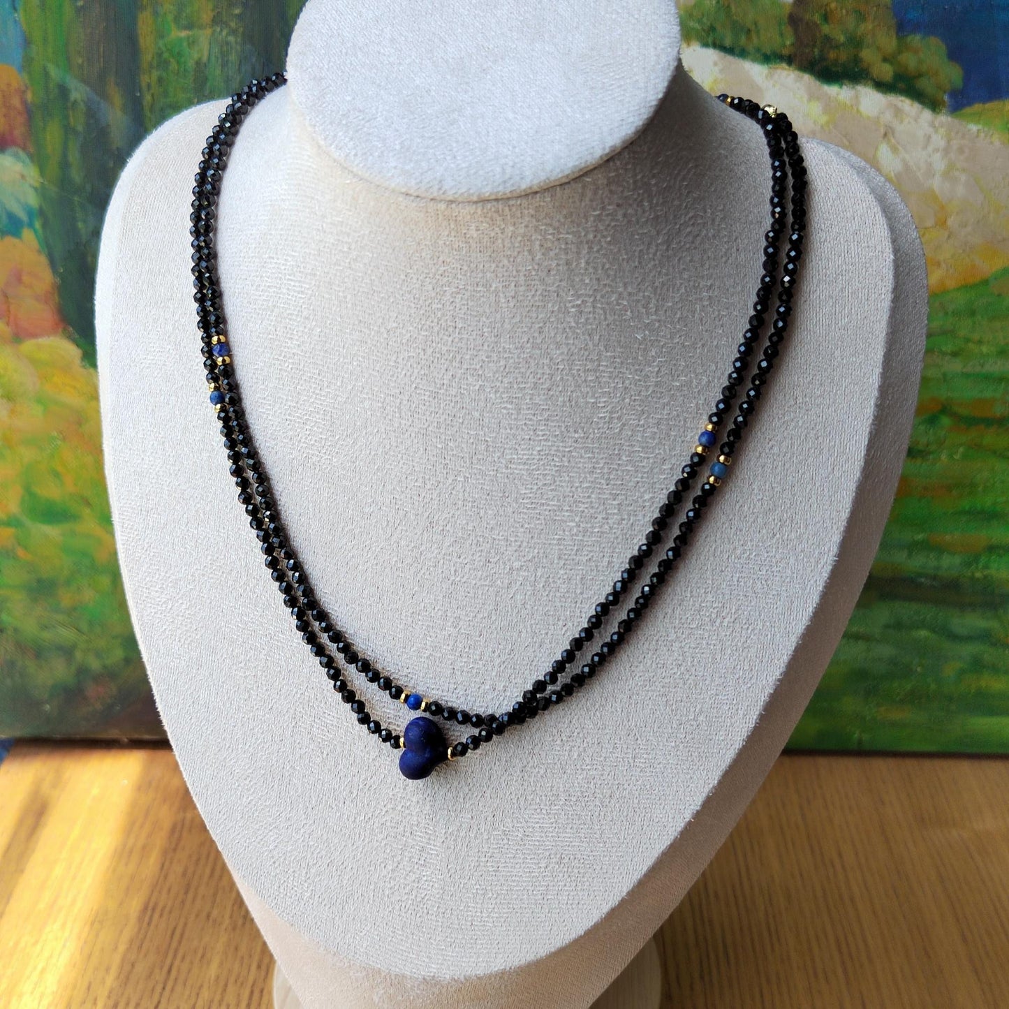 Black Spinel & Lapis Lazuli Heart Necklace: Handmade Boho Gemstone Jewelry