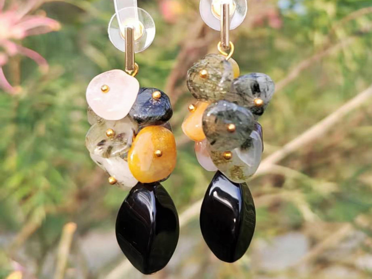 Crystal Quartz Dangle Earrings: Black Onyx, Sterling Silver, Boho Gemstone Jewelry