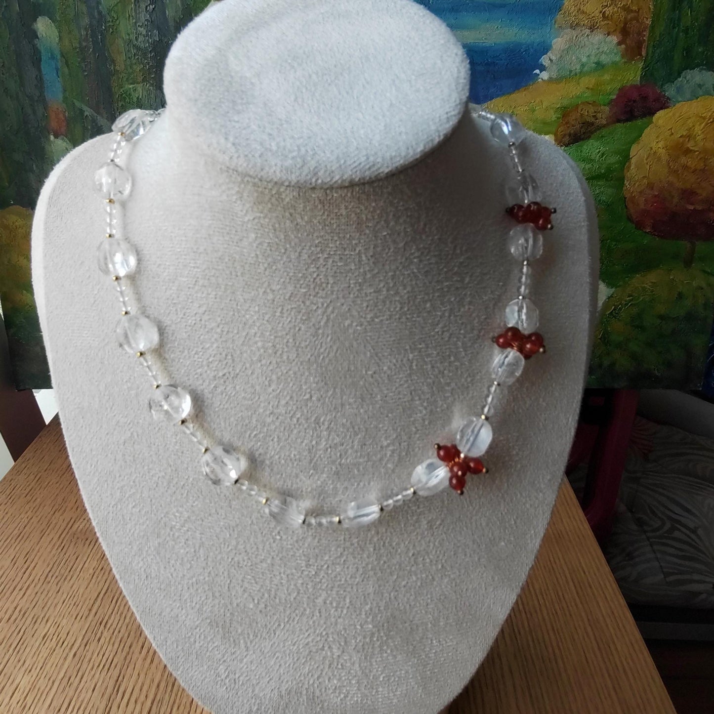 Handmade Natural Clear Quartz & Red Agate Beaded Necklace Real Crystal Jewelry