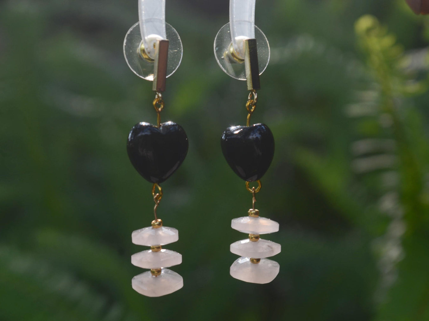 Handmade Black Agate & Rose Quartz Earrings: Gold-Plated, Art Deco Heart Shaped DIY Crystal Jewelry