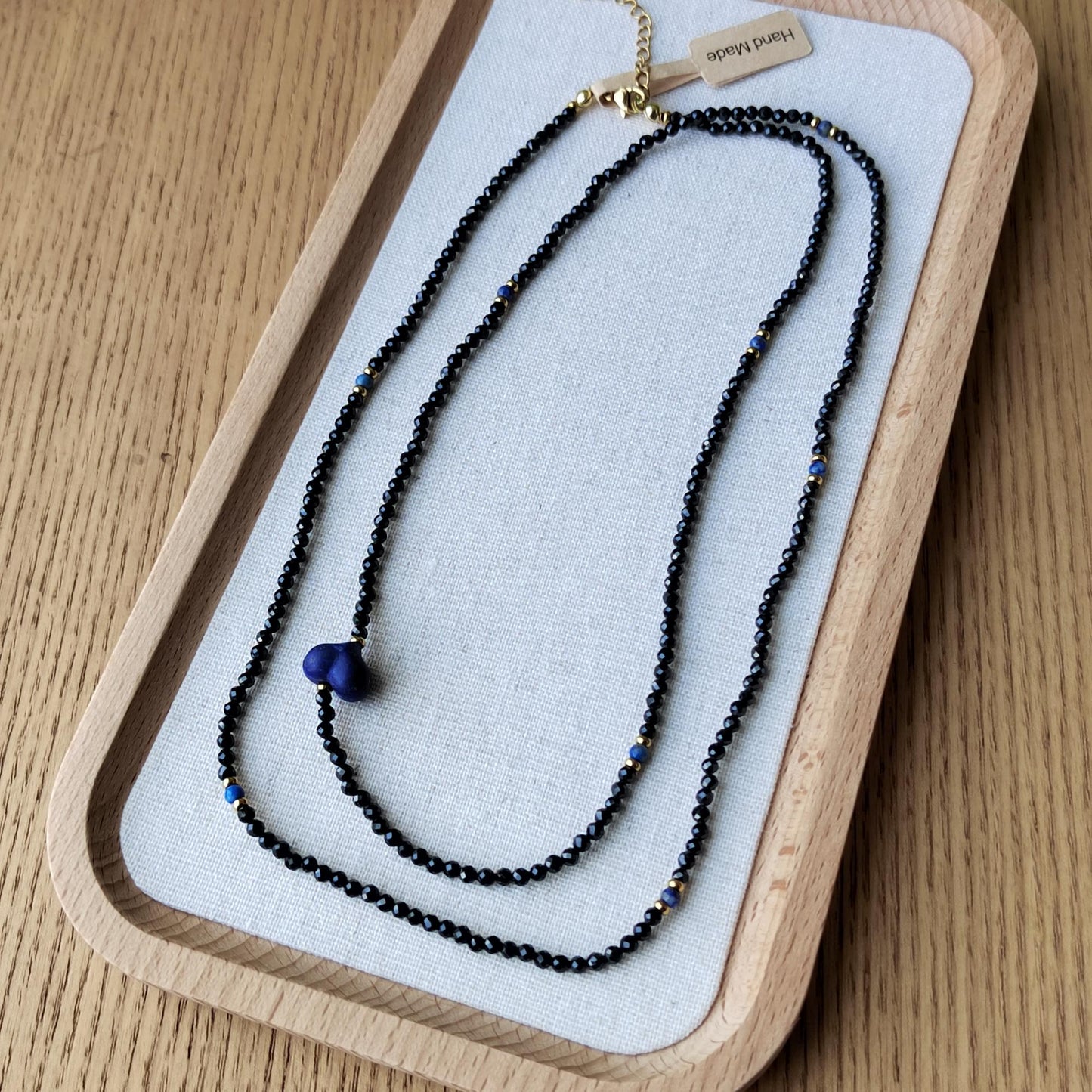 Black Spinel & Lapis Lazuli Heart Necklace: Handmade Boho Gemstone Jewelry