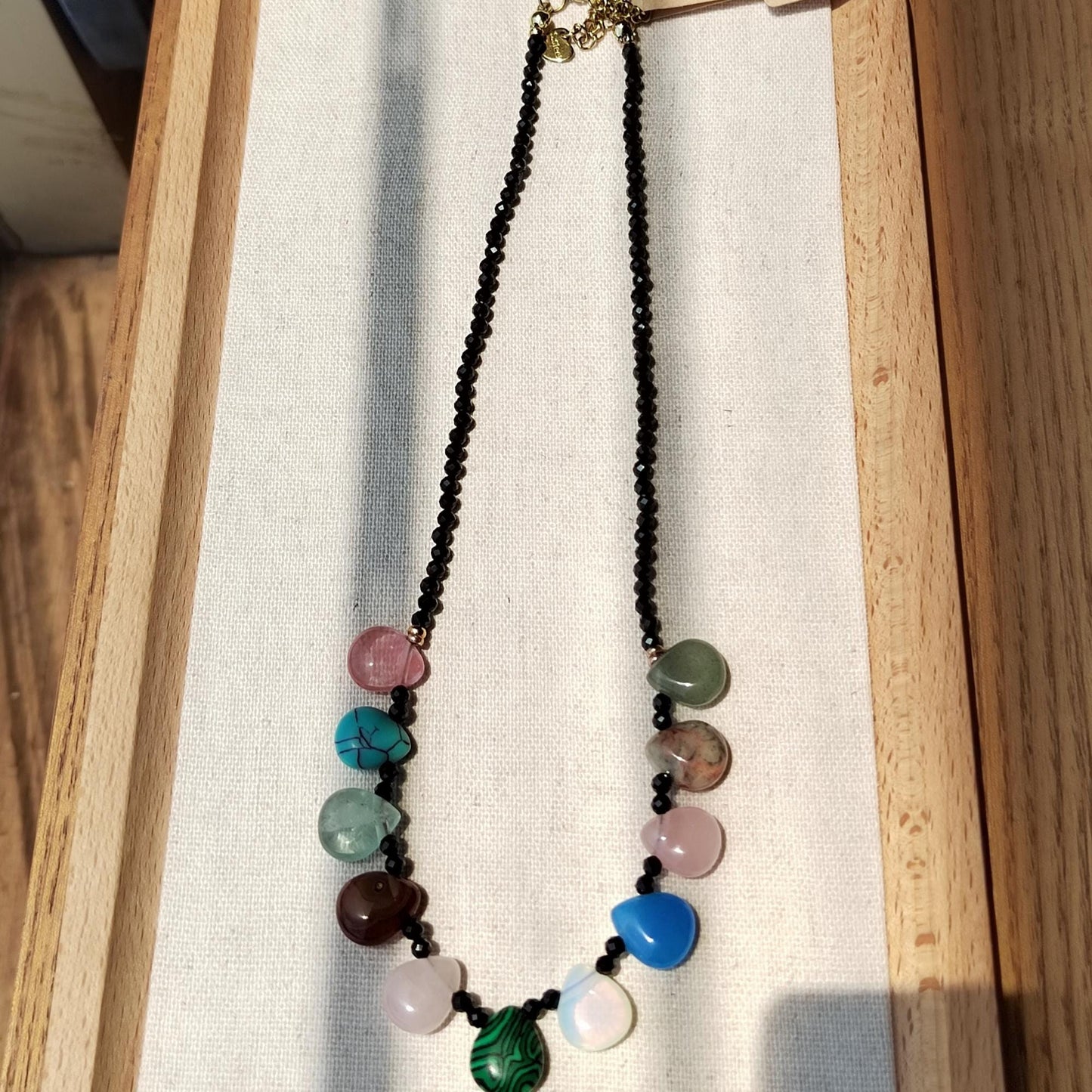Black Spinel & Teardrop Crystal Necklace: Handmade Sterling Golden-Plated Chain