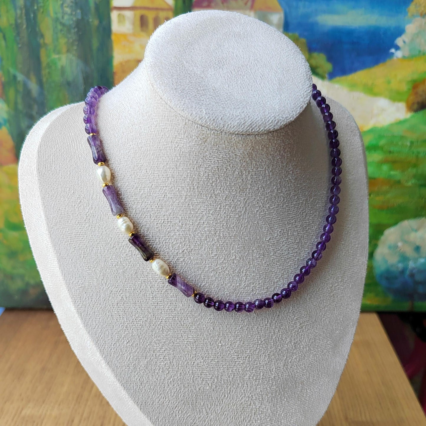Amethyst Beads & Freshwater Pearl Necklace: Handmade Boho Healing Crystal