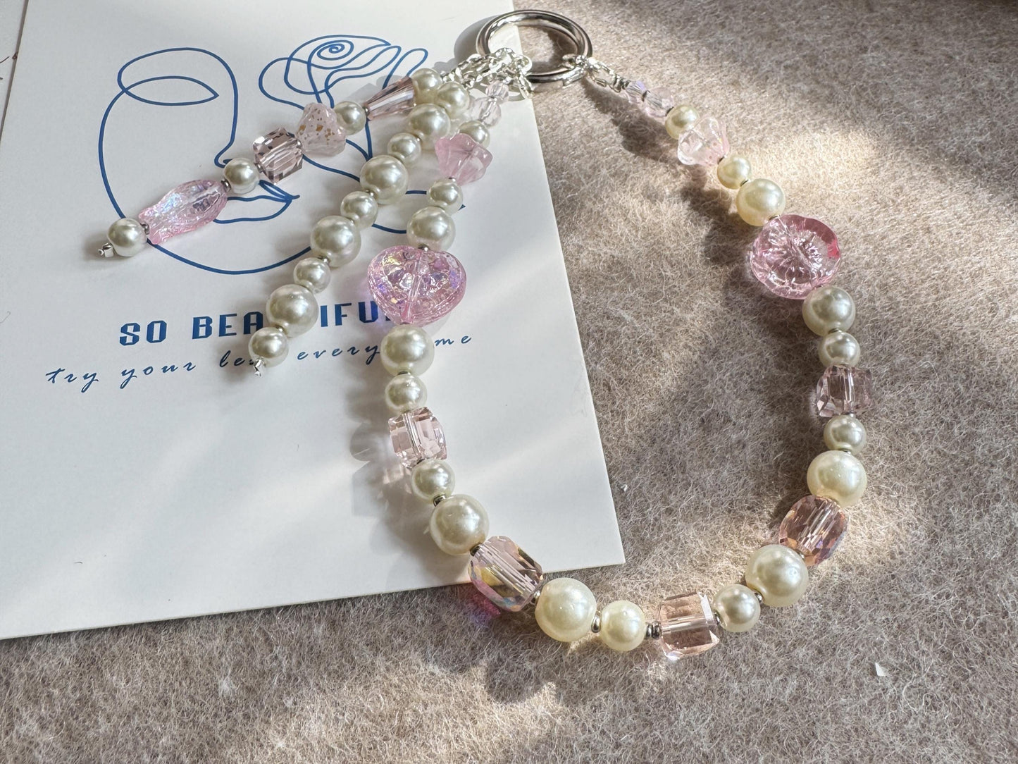 Handmade Pink Crystal Phone Charm , Aesthetic Phone Strap, Cute Boho Glass Keychain for Women, Gift for Her