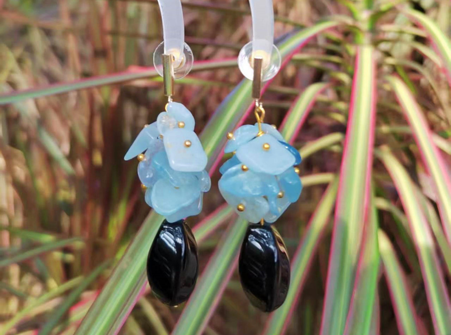 Aquamarine & Black Onyx Dangle Earrings: Gold-Plated Boho Jewelry