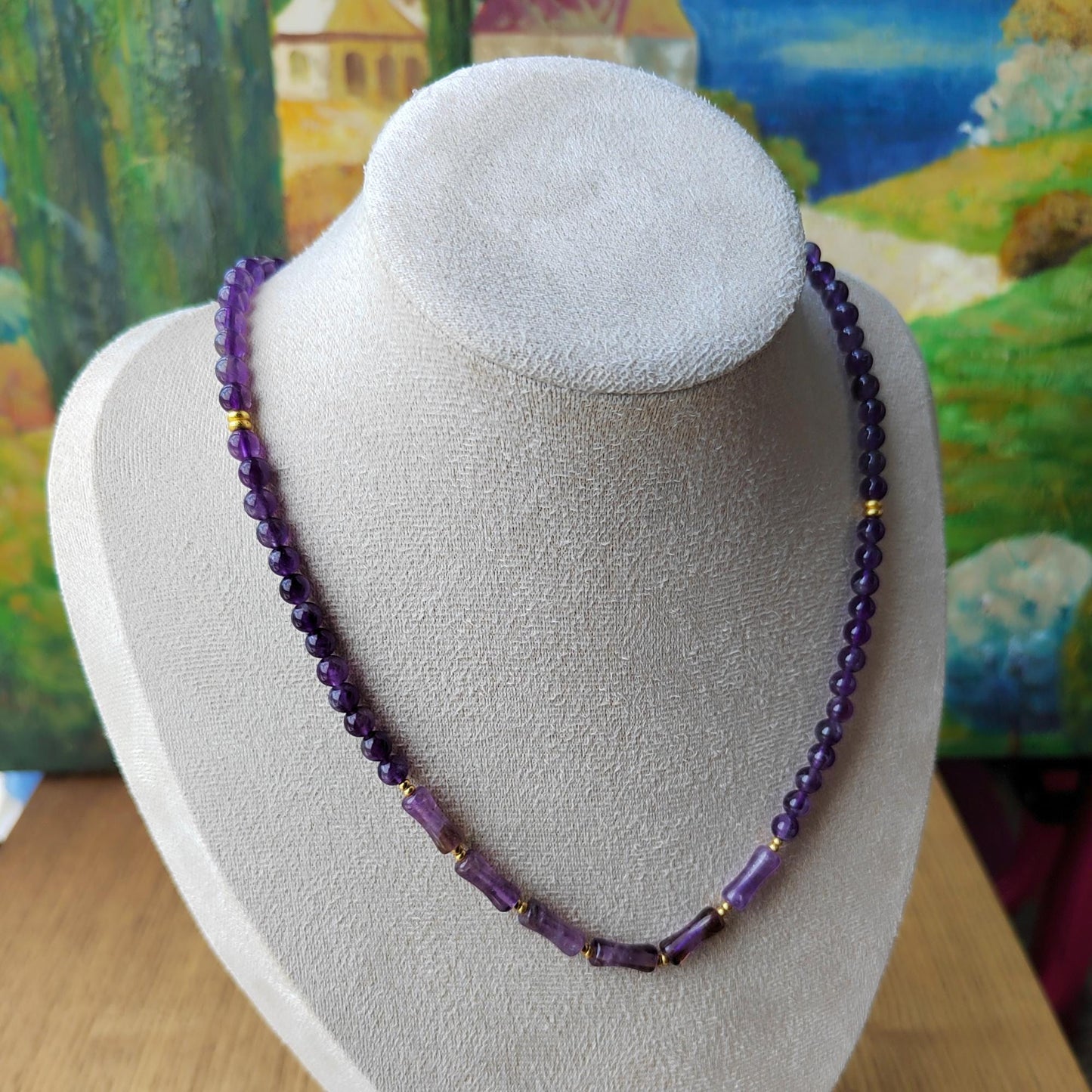 Handmade Amethyst Bead Necklace Sterling Gold Plated Chain Elegant Gemstone Jewelry DIY Craft