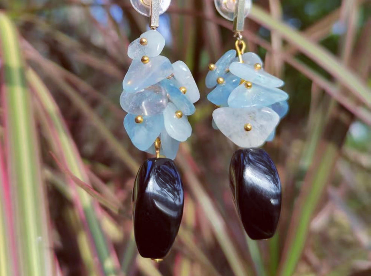 Aquamarine & Black Onyx Dangle Earrings: Gold-Plated Boho Jewelry