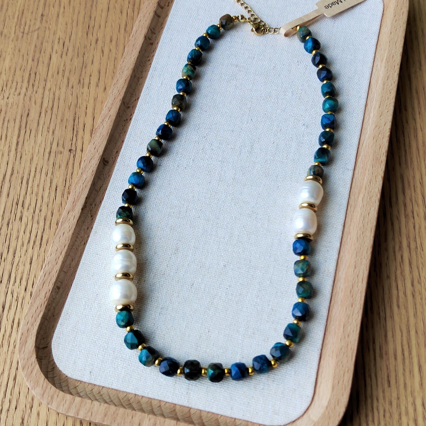 Beaded Necklace Natural Crystal Blue Tiger's Eyes & Pearl Boho Chic Handmade Gemstone Jewelry Elegant DIY Craft gift for her