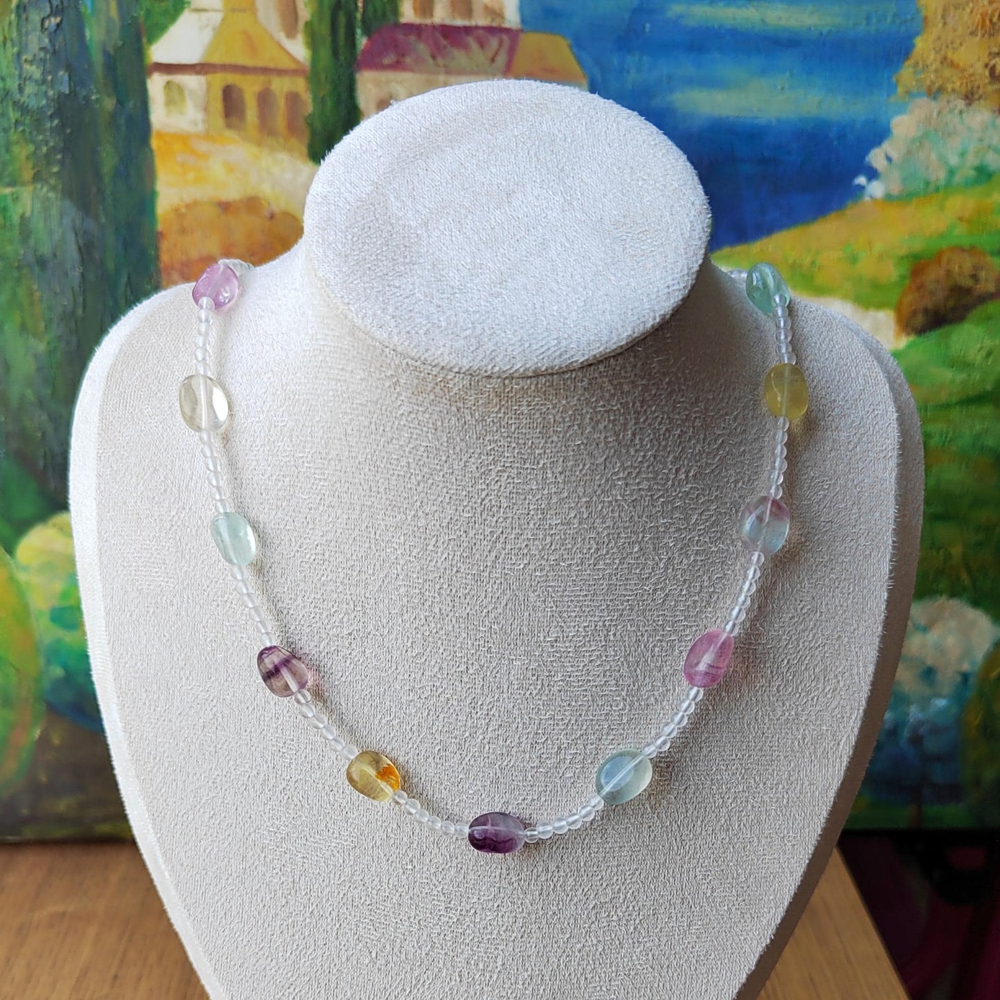 Handmade Fluorite & Clear Quartz Gemstone Necklace: Sterling Gold Plated