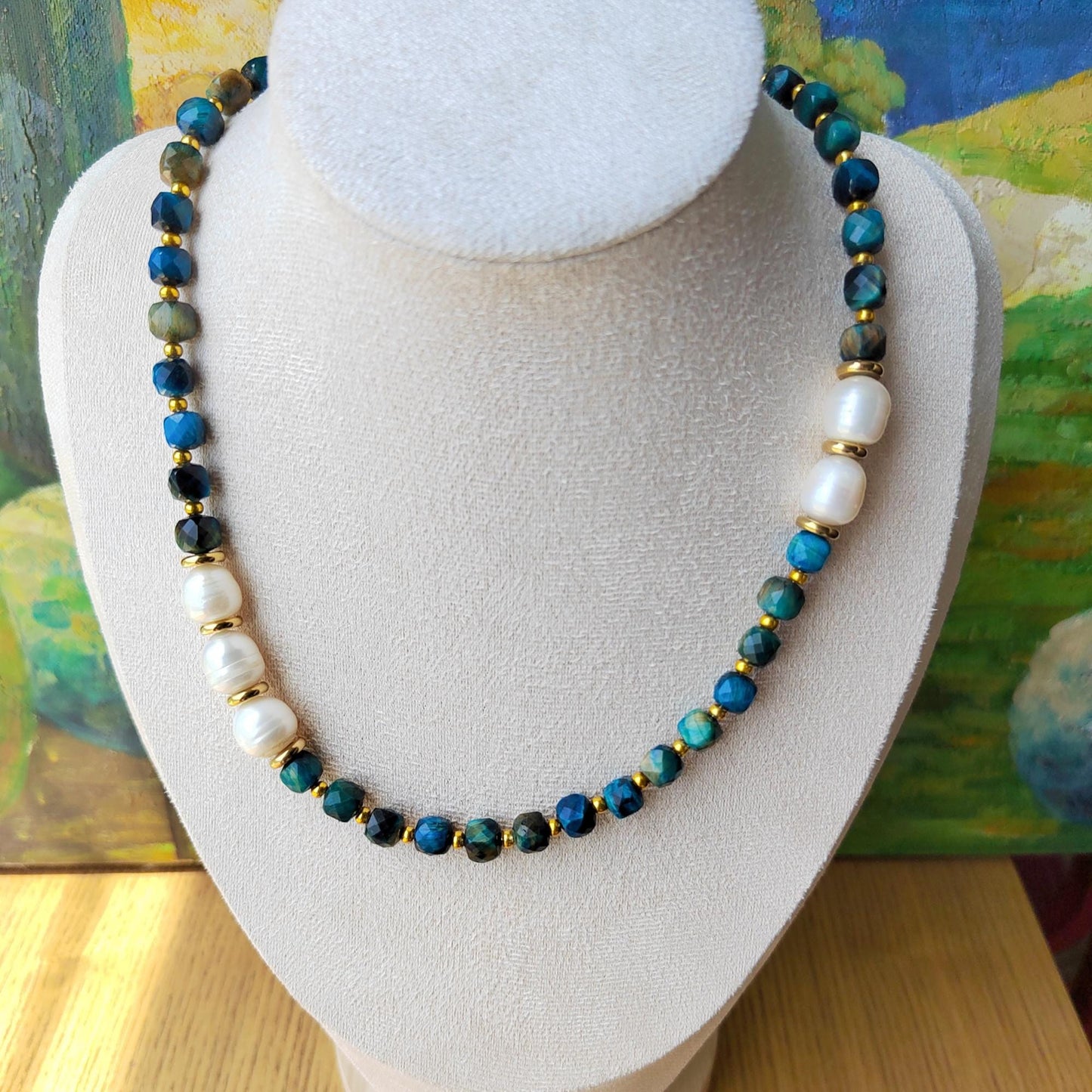 Beaded Necklace Natural Crystal Blue Tiger's Eyes & Pearl Boho Chic Handmade Gemstone Jewelry Elegant DIY Craft gift for her