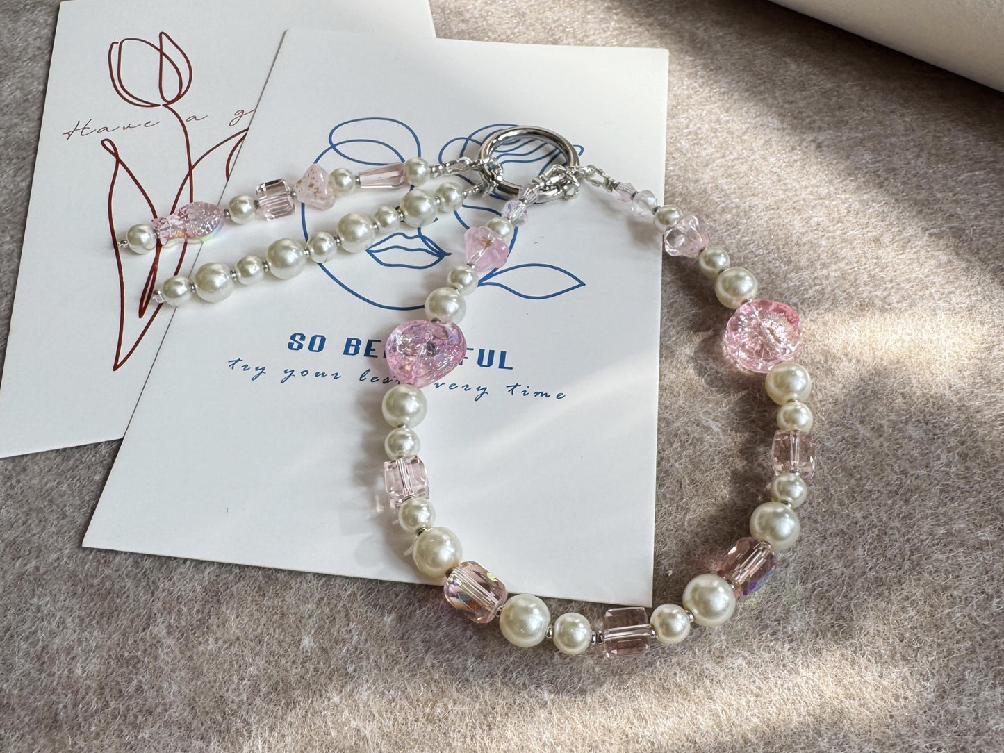 Handmade Pink Crystal Phone Charm , Aesthetic Phone Strap, Cute Boho Glass Keychain for Women, Gift for Her