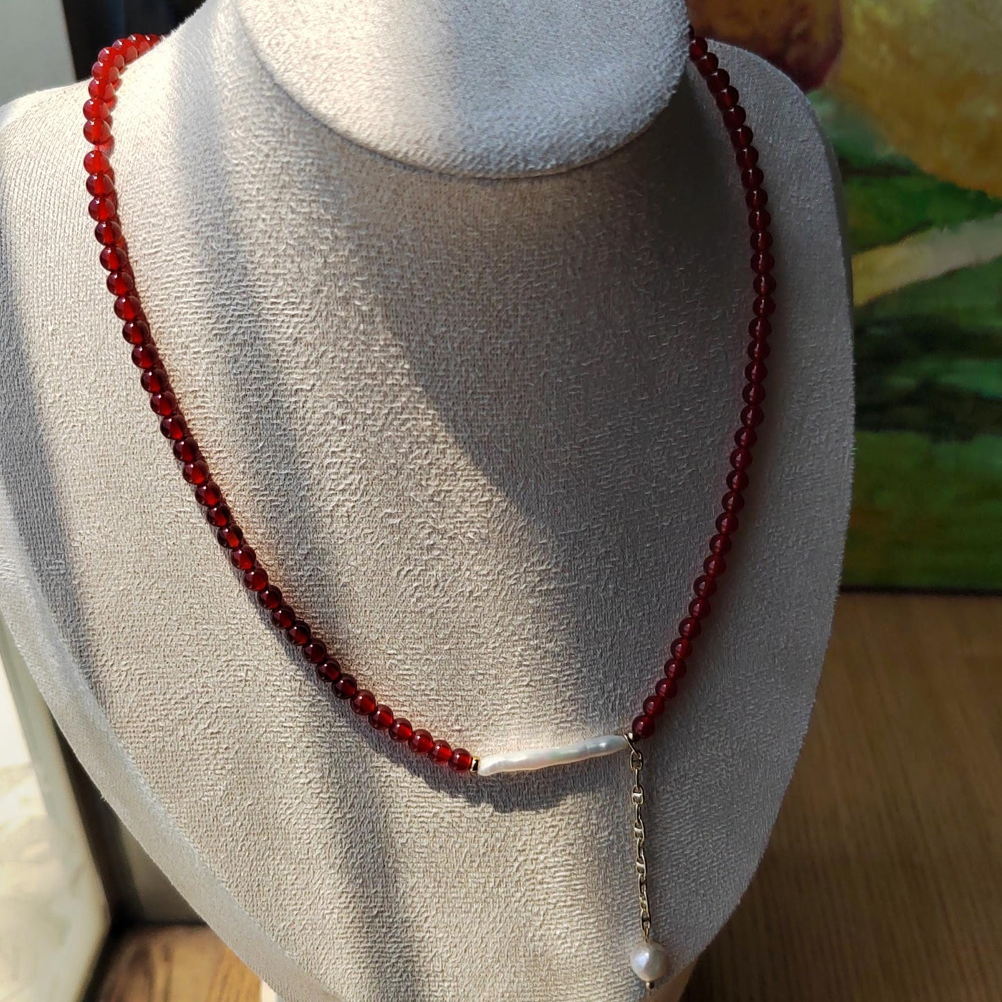 Red Agate & Baroque Pearl Necklace: Boho Gemstone Jewelry