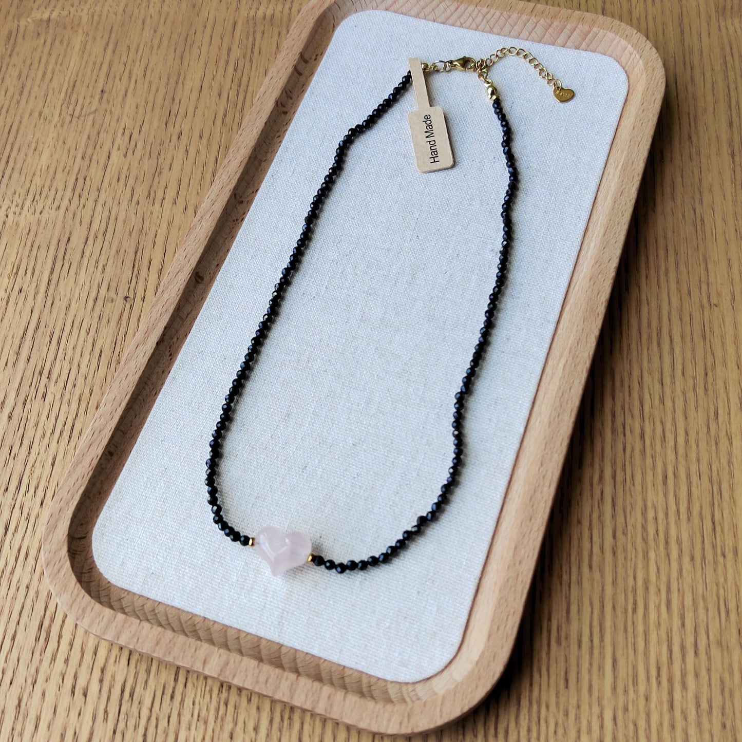 Handmade Natural Black Spinel Diamond - Cut & Pink Quartz Heart Necklace