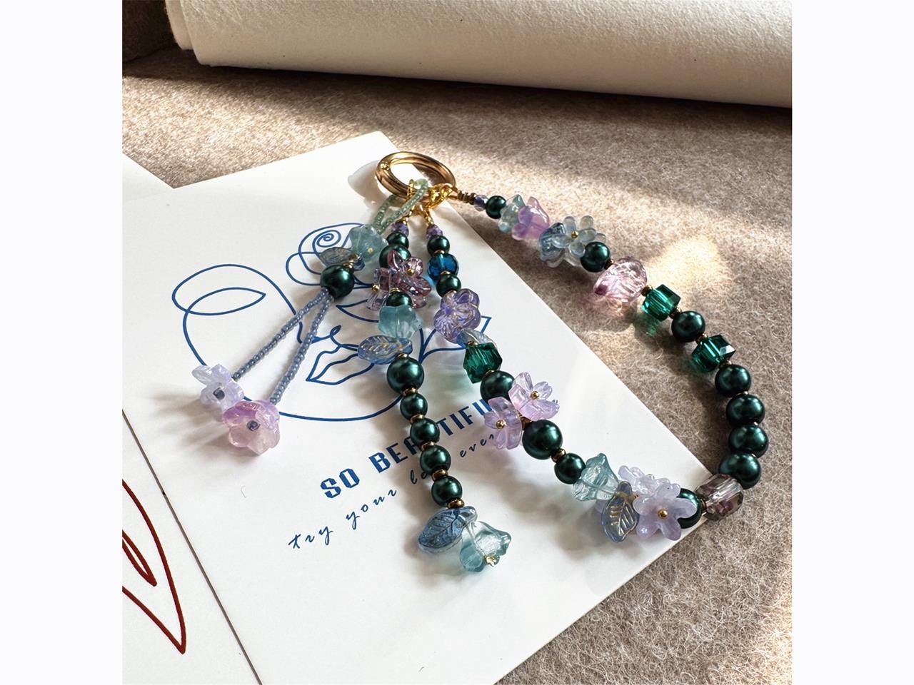 Boho Bead Phone-Chain, Camellia Flower Phone Strap, Handmade Glass Beaded Phone Charm for Women