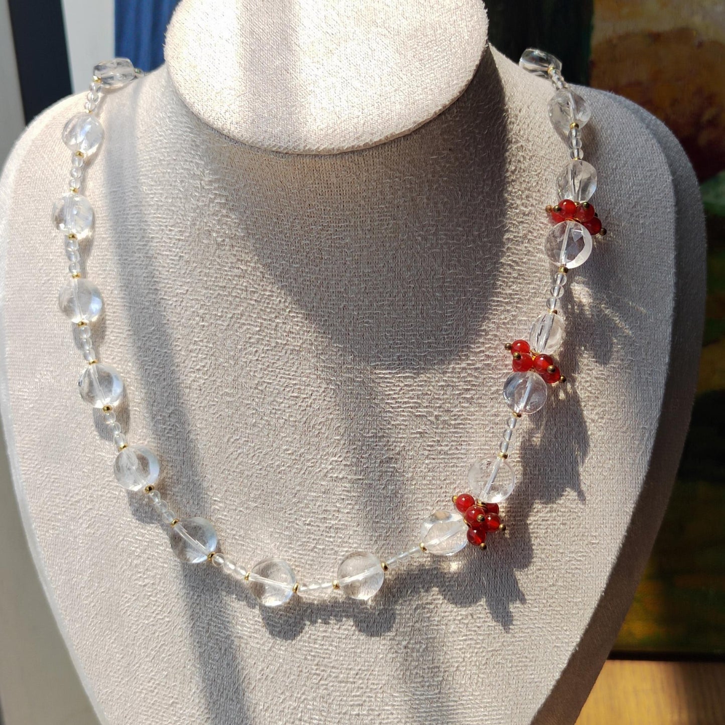 Handmade Natural Clear Quartz & Red Agate Beaded Necklace Real Crystal Jewelry