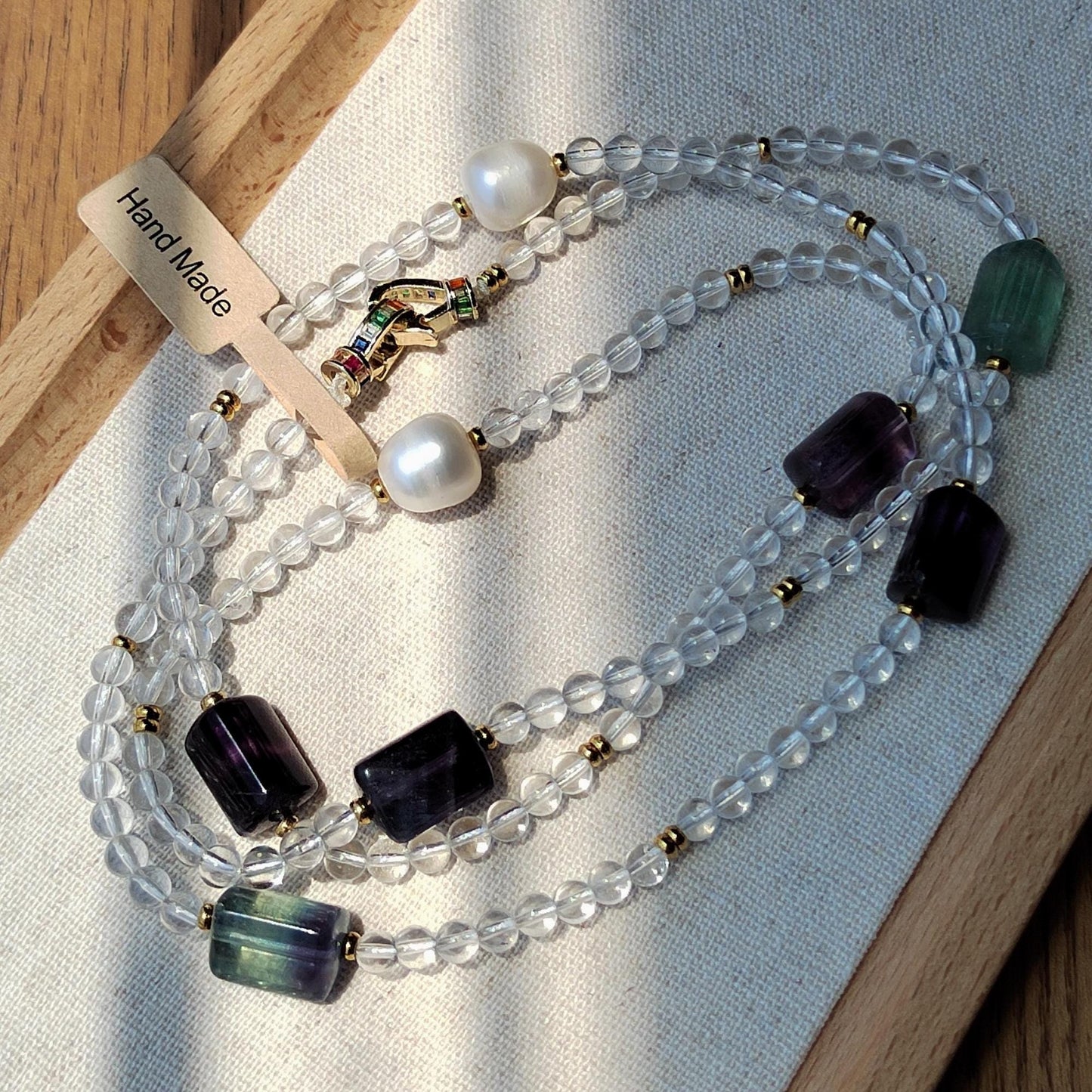 Quartz Fluorite Freshwater Pear Necklace, Healing Crystal Beaded Bohemia Necklace, Stability Protection Necklace Gift, Boho Long Necklace