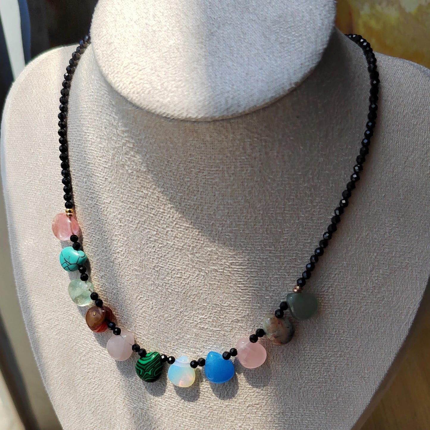 Black Spinel & Teardrop Crystal Necklace: Handmade Sterling Golden-Plated Chain