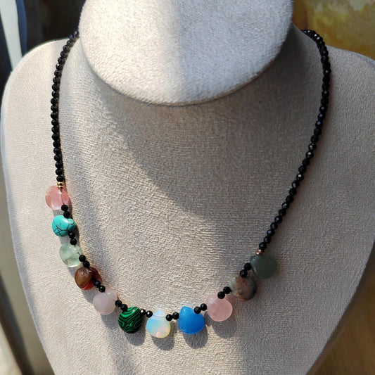 Black Spinel & Teardrop Crystal Necklace: Handmade Sterling Golden-Plated Chain