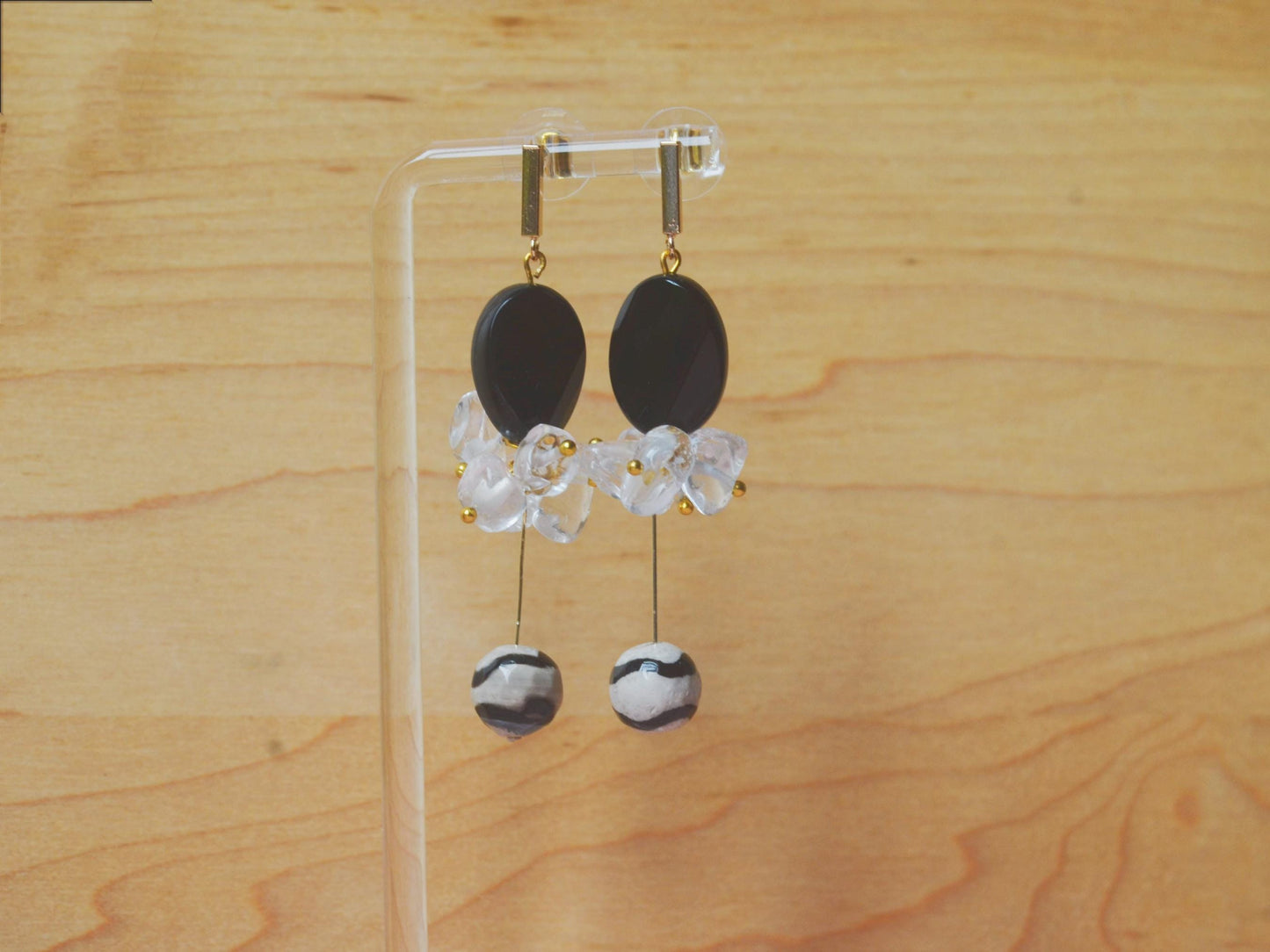Black Agate & Clear Quartz Drop Earrings: Crystal Healing Gemstone Jewelry Boho Earrings