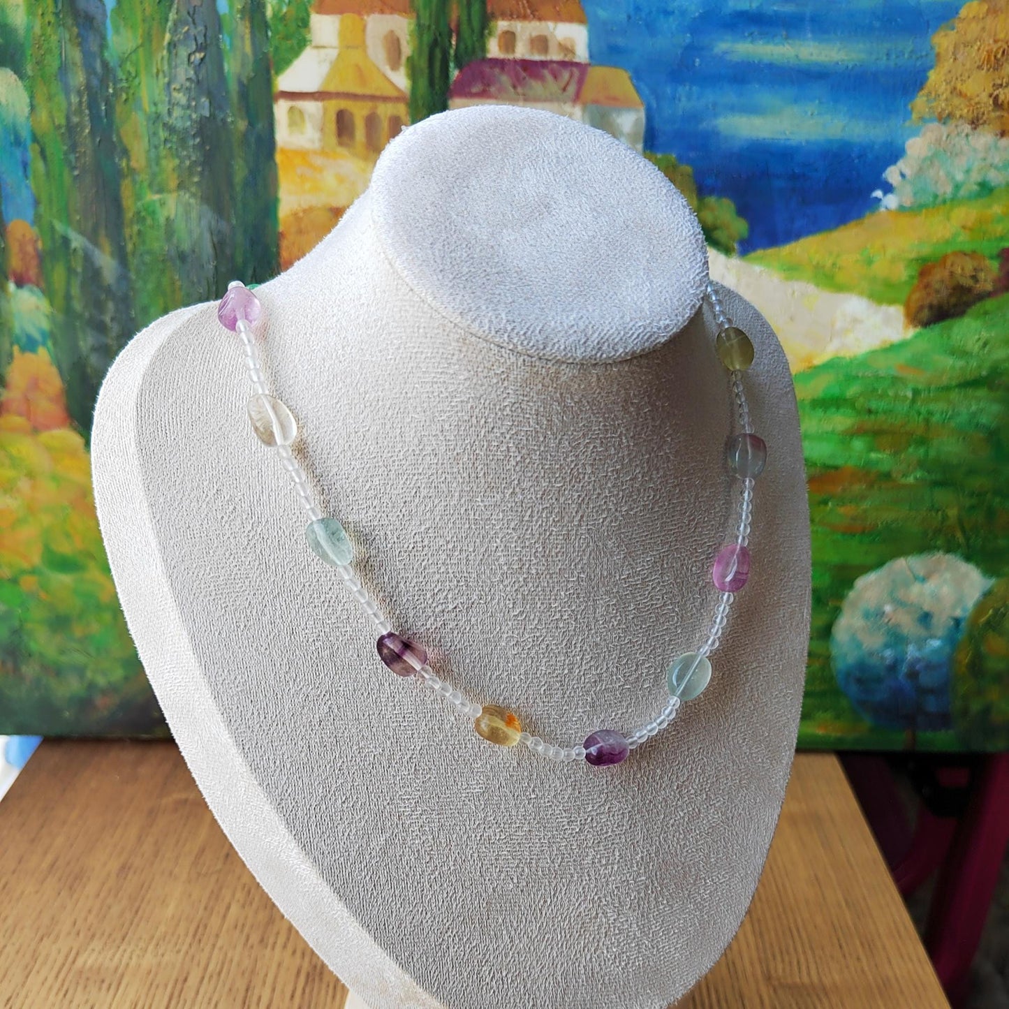 Handmade Fluorite & Clear Quartz Gemstone Necklace: Sterling Gold Plated