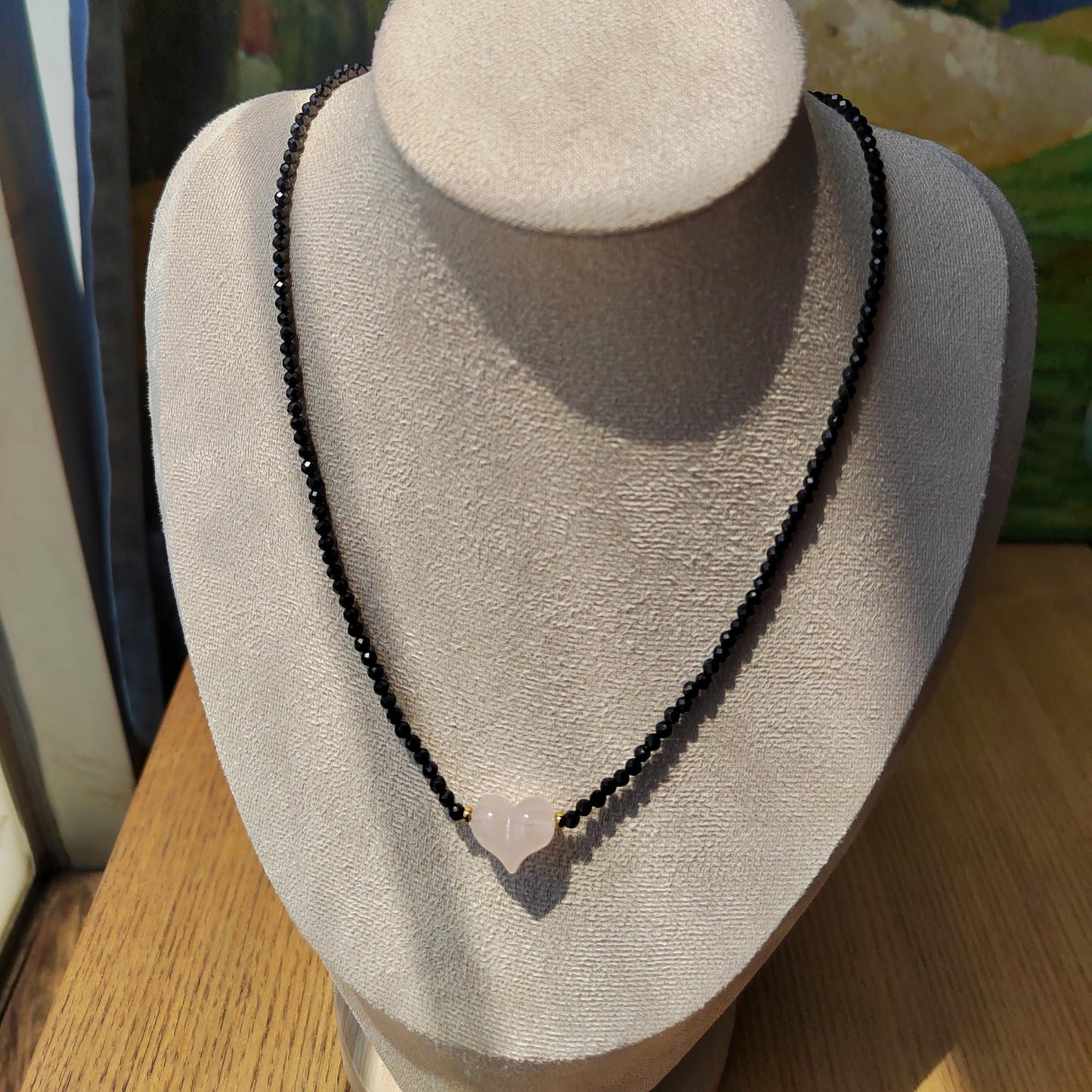 Handmade Natural Black Spinel Diamond - Cut & Pink Quartz Heart Necklace